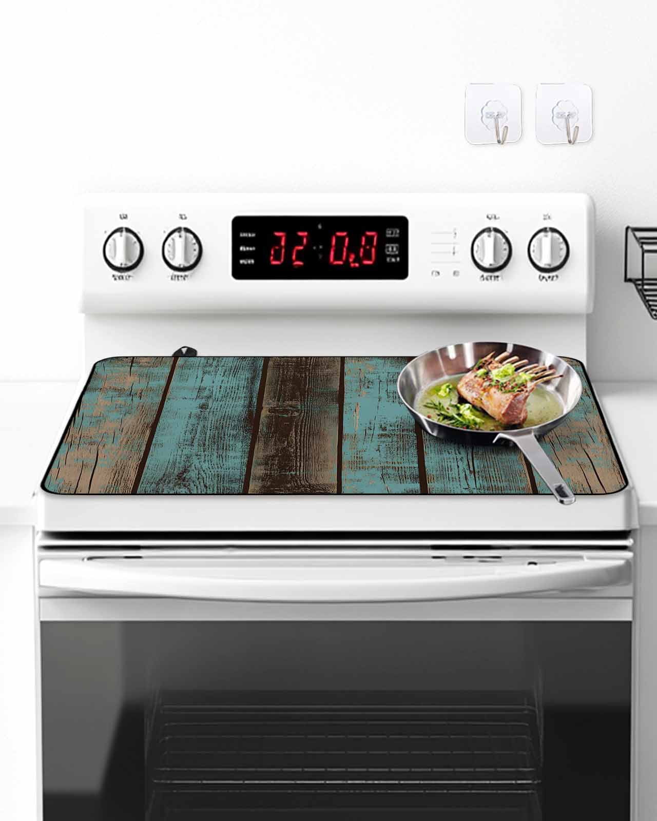 Stove Top Covers for Electric Stove, Teal Wood Grain Glass Stovetop Cover Protector, Gradient Farm Old Wooden Board Vintage Induction Cooktop Protector Oven Mat for Kitchen Countertop 24"x21"
