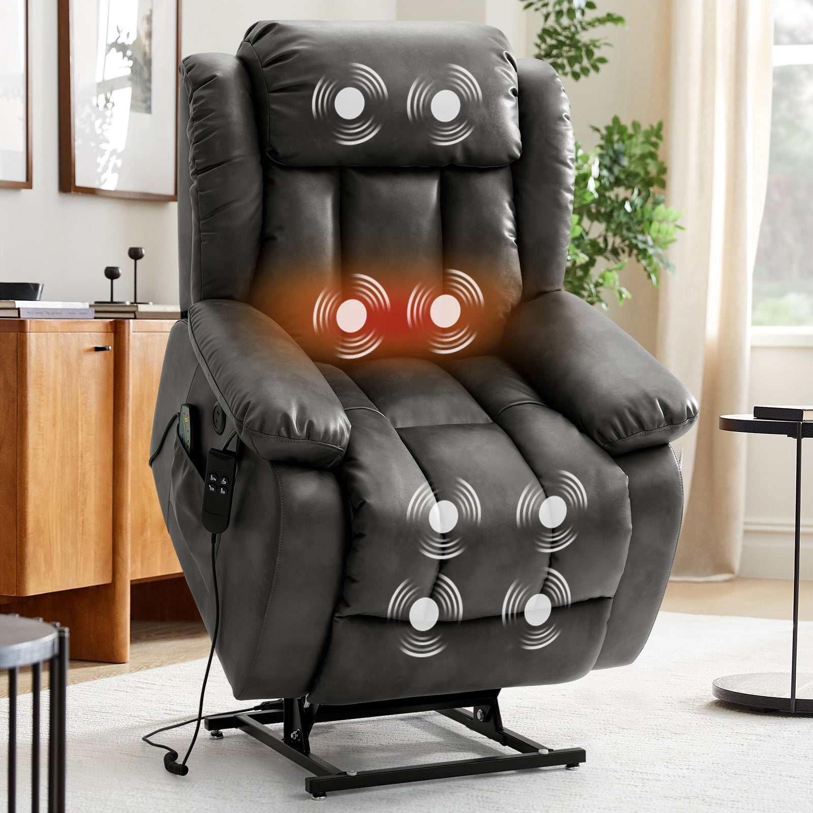 TEKAMON Infinite Position Lift Recliner Chair for Elderly with Heat and Massage Lay Flat Sleeping Leather Dual Motor Power Lift Chair for Living Room (Grey)