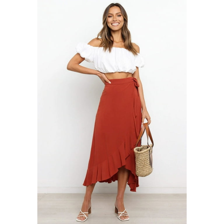 Wenseny Women's Satin Asymmetrical Long Wrap Skirts Ruffled Hem