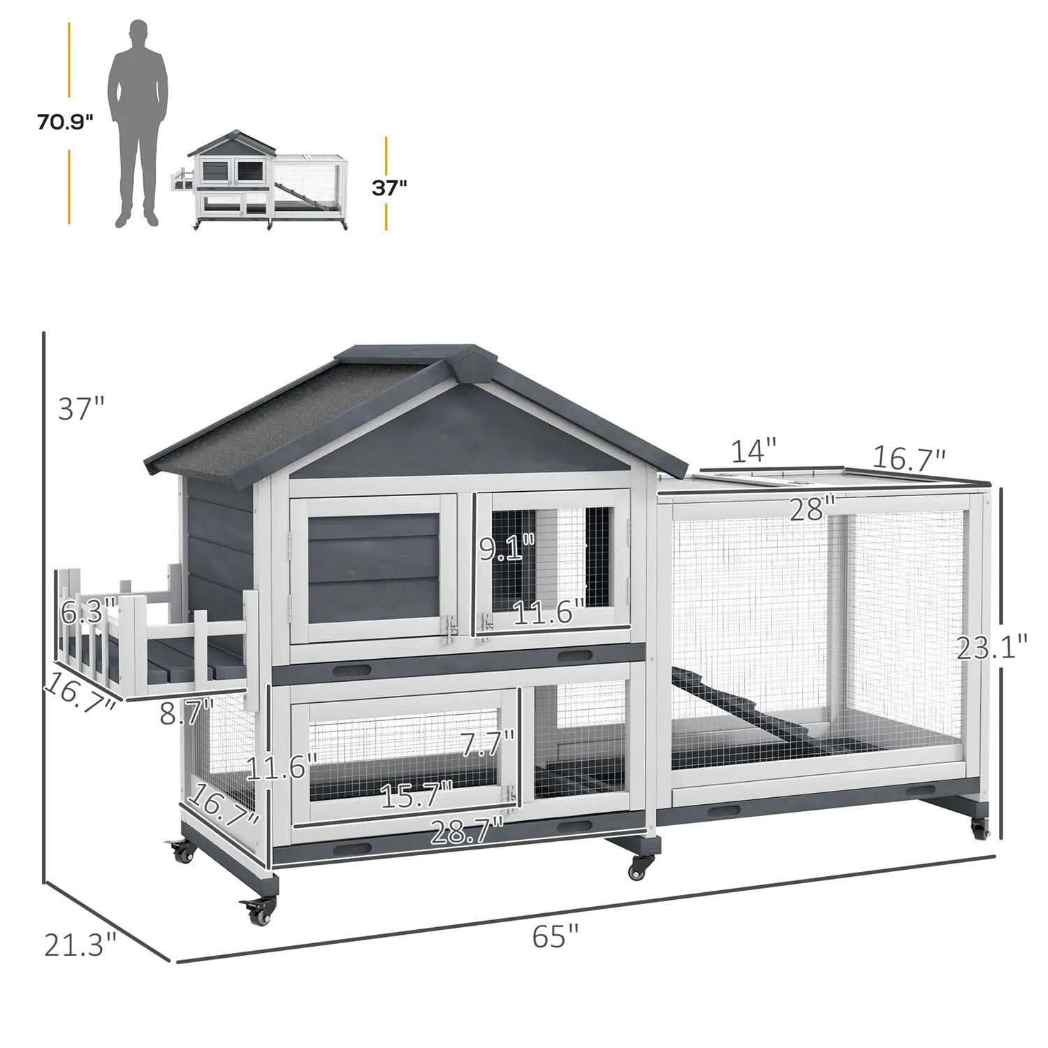Pefilos 65" Outdoor Wooden Rabbit Hutch with Run, Trays and Openable Roof, Outdoor Bunny Enclosure Guinea Pig Cage for Small Animals, Gray