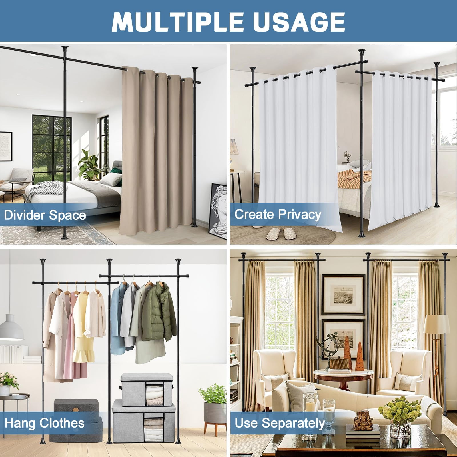 LCOKEIY Room Divider No Drilling Curtain Rods for Windows, 4-10ft(H) 28-144inch(W) Adjustable, Heavy Duty Curtain Rods Tension Rod Space Separator Ceiling Mounted, Black