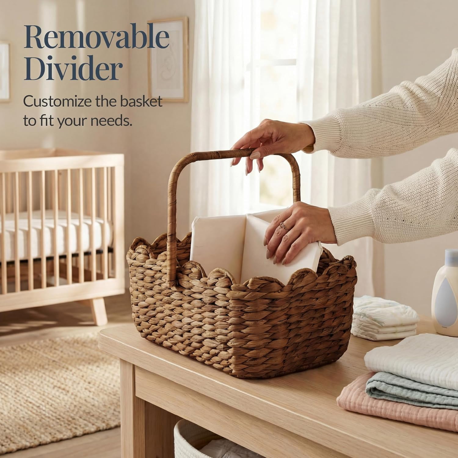 Baby Diaper Caddy Organizer, Large Portable Handmade Nursery Basket w/Removable Divider & Handles, Handwoven Changing Table Storage Bin for Nursery Organization - Chestnut