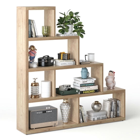 GVN Bookcases,6 Cubes Ladder Shelf Corner Bookshelf Storage Bookcase-Natural