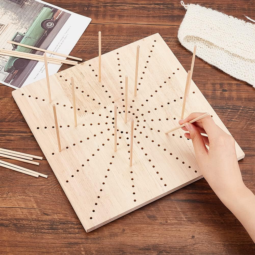 Handmade Wooden Blocking Board (11.8x11.8x0.47inch) with 20pcs 5.9x0.16inch Round Wooden Sticks and Sun Shaped Hole Square Knitting Loom for Knitting Crochet Beige