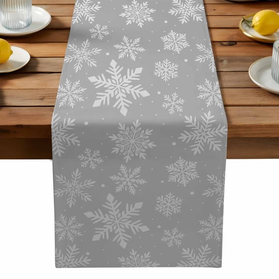 Grey White Snowflake Christmas Cotton Linen Table Runner for Dining Kitchen, Winter Xmas Snowflakes Wedding Outdoor Party Tablerunners Decoration, Dresser Scarf Coffee Tablecloth Runners 13x36 Inches