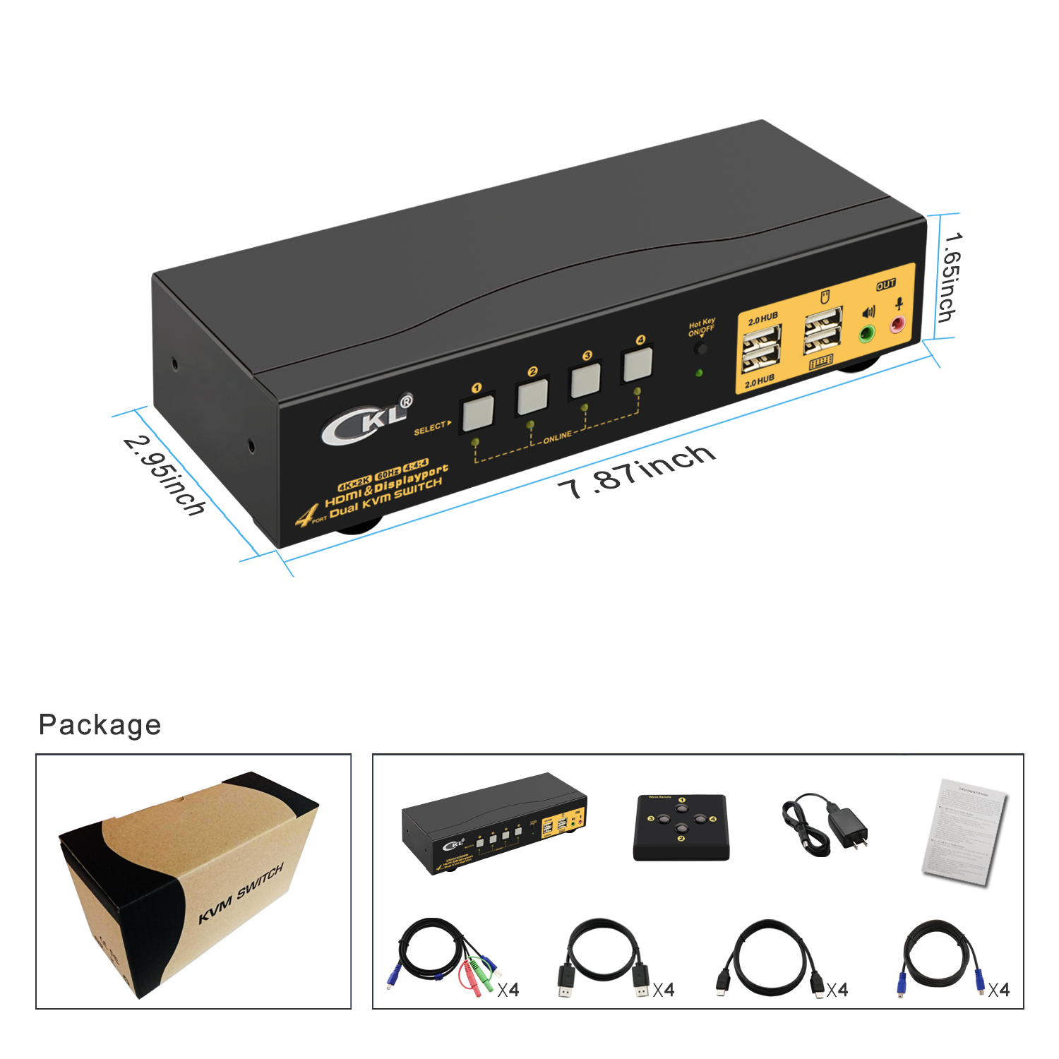 CKL 4 Port DisplayPort + HDMI KVM Switch Dual Monitor for 4