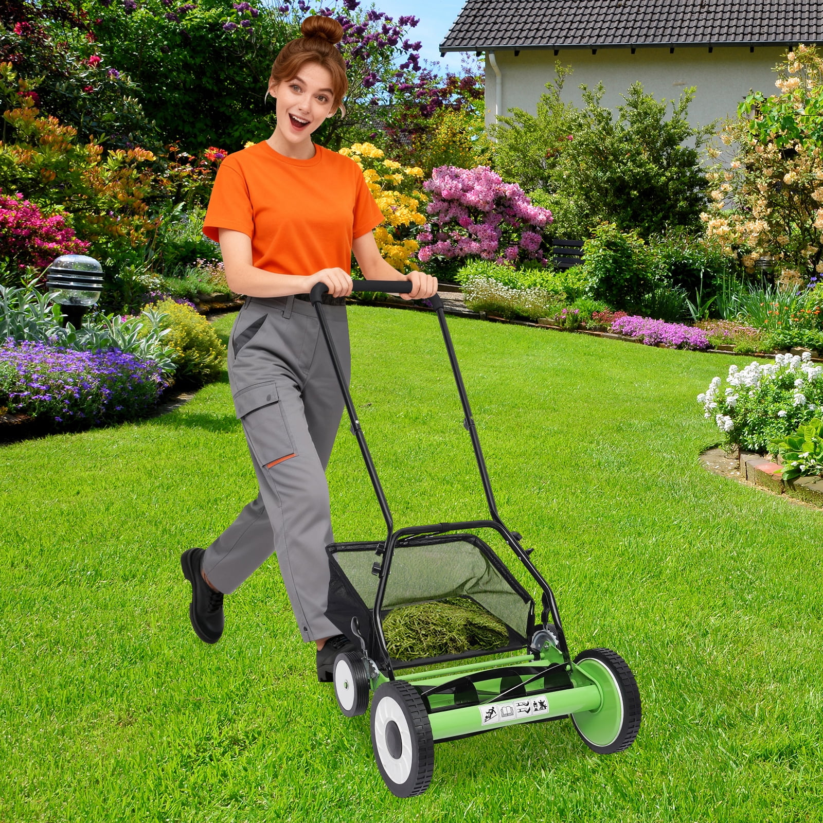 16-Inch 5-Blade Cordless Manual Reel Lawn Mower, Adjustable Cutting/ Handle Height Grass Cutter Green