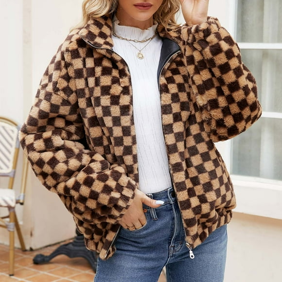 EQWLJWE Full Zip up Faux Fur Coats for Women Luxurious Checkerboard Fuzzy Fleece Jacket Oversized Fluffy Coat Long Sleeve Turn Down Collar Zipper Outerwear