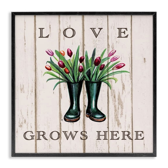 Stupell Industries Farmhouse Love Grows Here Rainboot Bouquets Black Framed Giclee Art, 12 x 12, by Elizabeth Tyndall