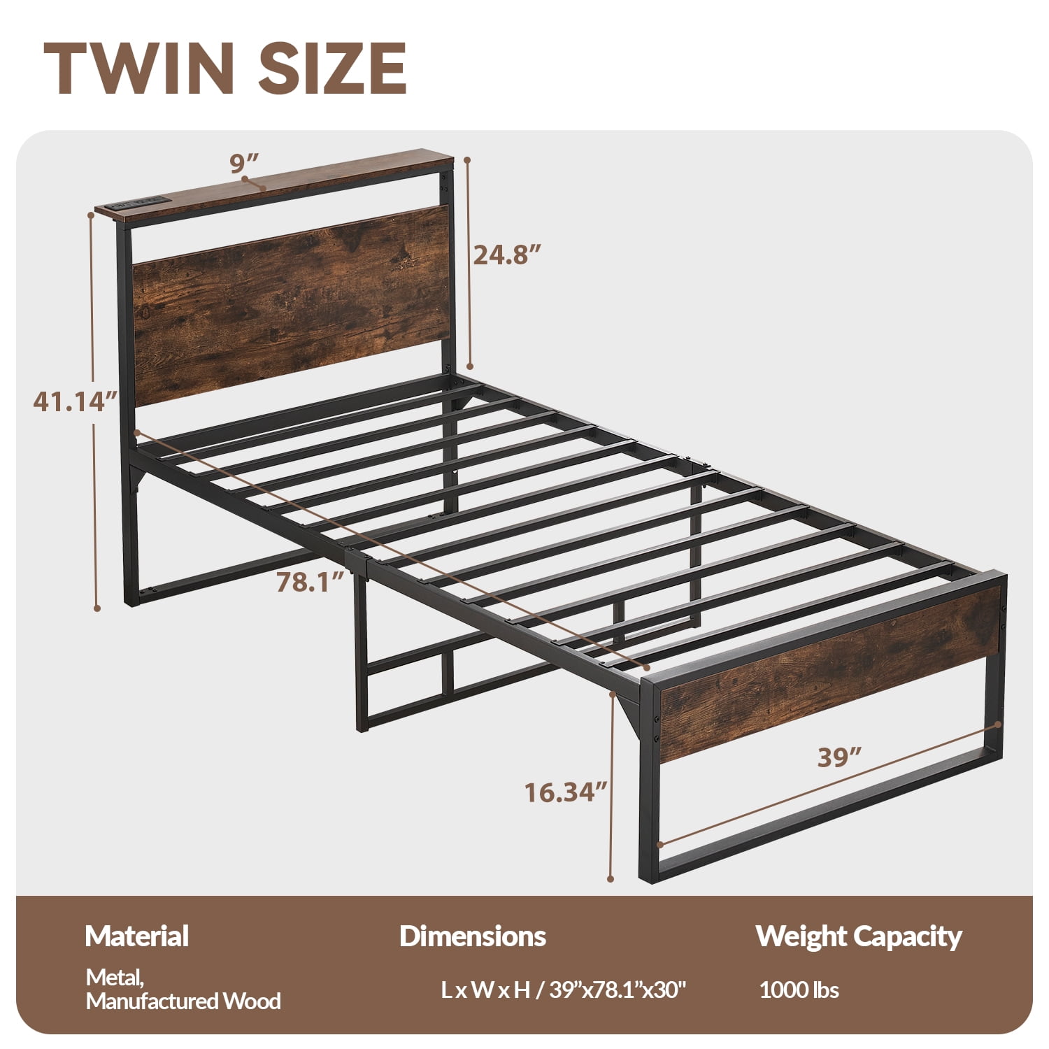 Behost 14" Twin Bed Frame with Headboard , Power Outlets Platform Beds for Bedroom, Rustic Brwon