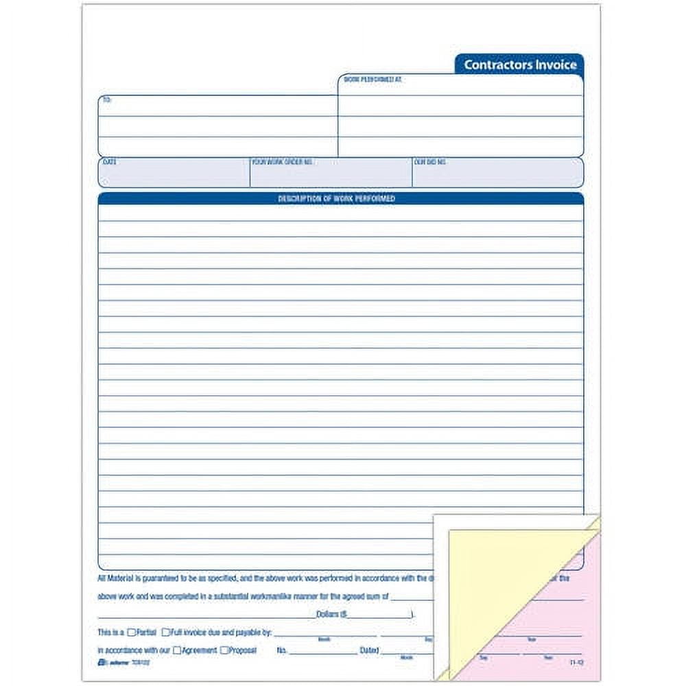 Adams Contractors Invoice Book, Part Carbonless, Canary Duplicates Pink Triplicates, 50 Sets