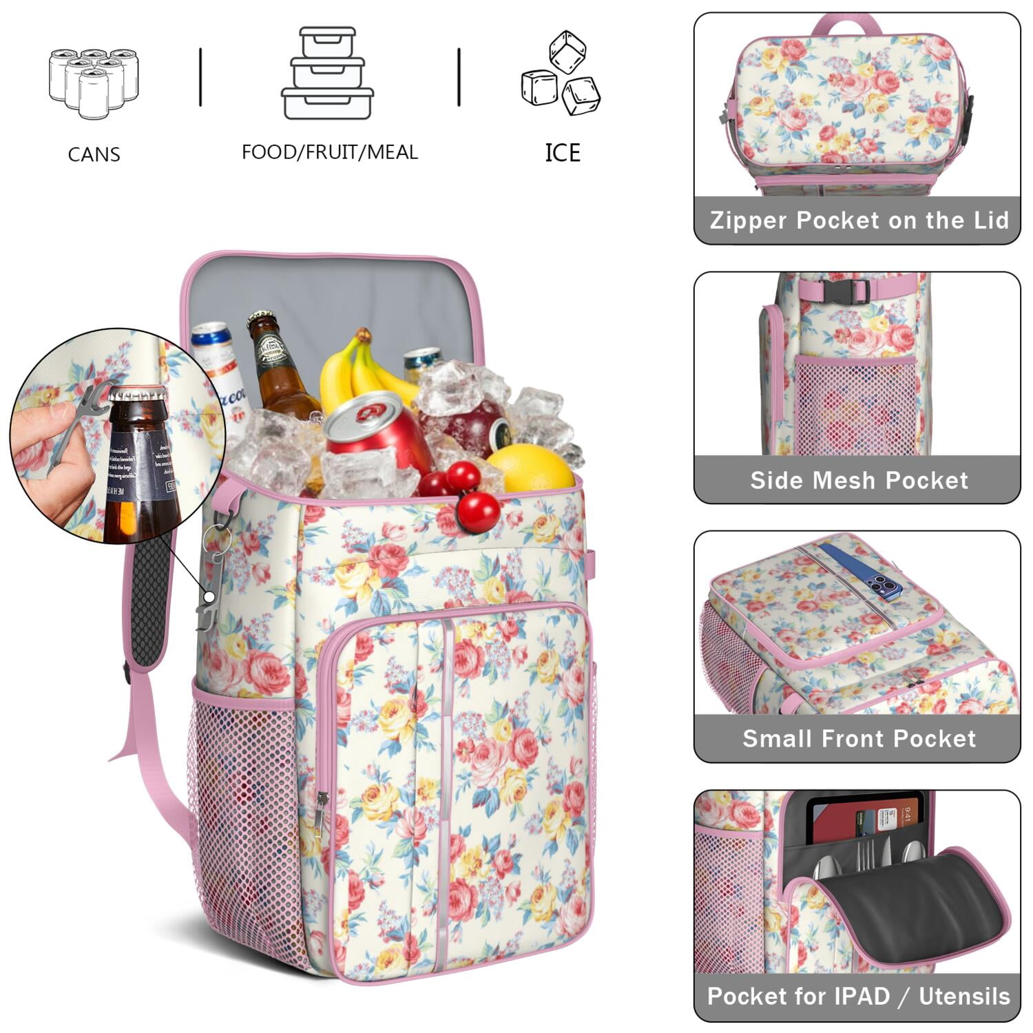 Travel Cooler Bag - Pioneer Flower Camping Beer Cooler Backpack with Bottle Opener- Waterproof Insulated Picnic Backpacks - Cooler Bag for Beach