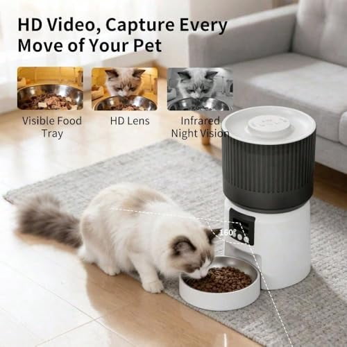Automatic Cat Feeder, Auto Pet Feeder for Cats and Small Dogs, 4L Food Dispenser with Dual Power Supply, Programmable Portion Size, White