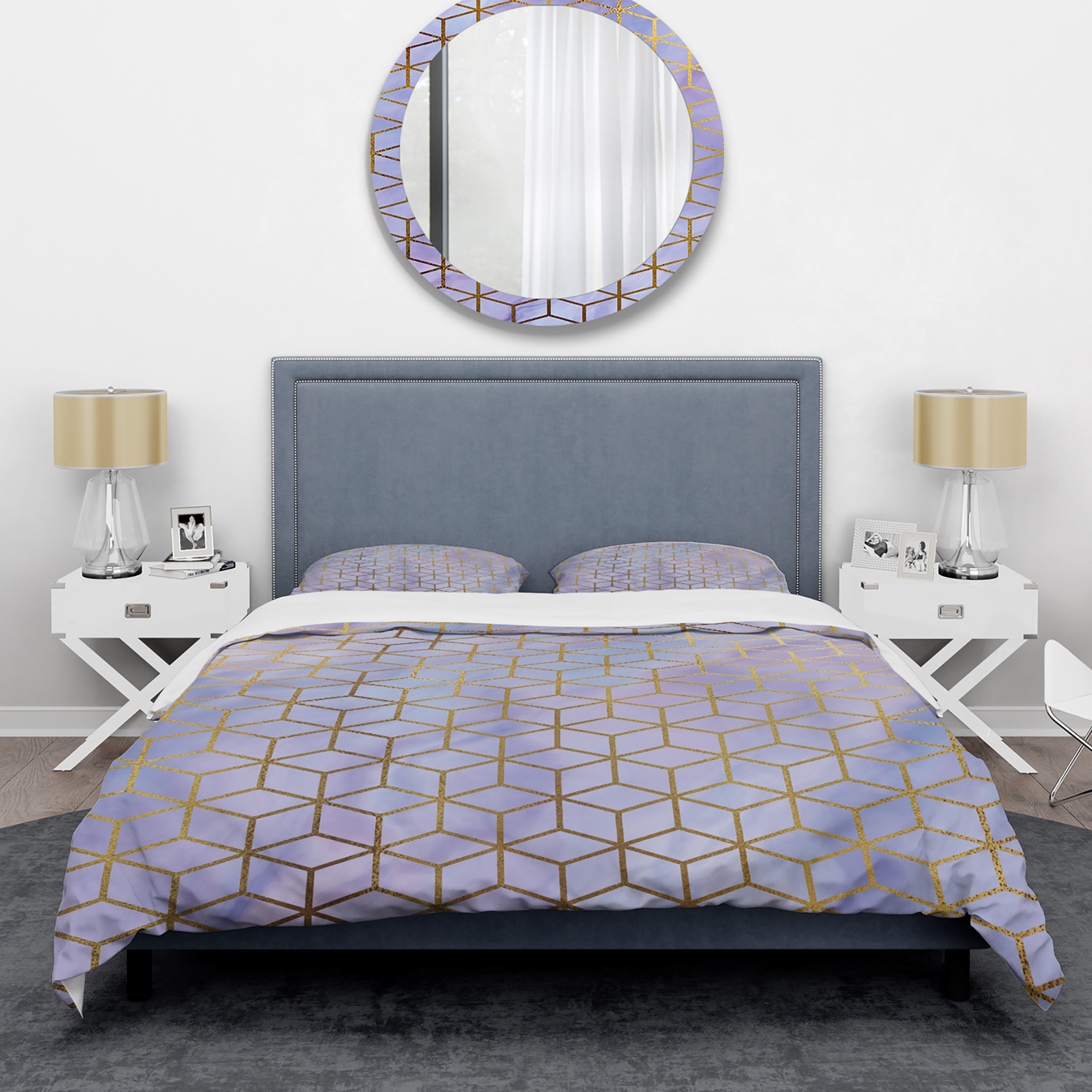 Designart 'Geometric Cubes in Gold and Purple' Modern & Contemporary Duvet Cover Set