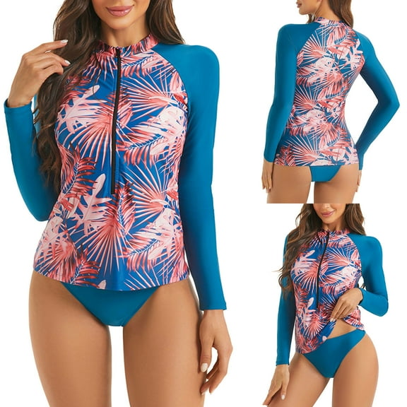 Hicidod Tankini Swimsuits for Women Rash Guard Long Sleeve 2 Piece Set Print Swim Shirt With Shorts Set Sun Protection Surf Bathing Suits