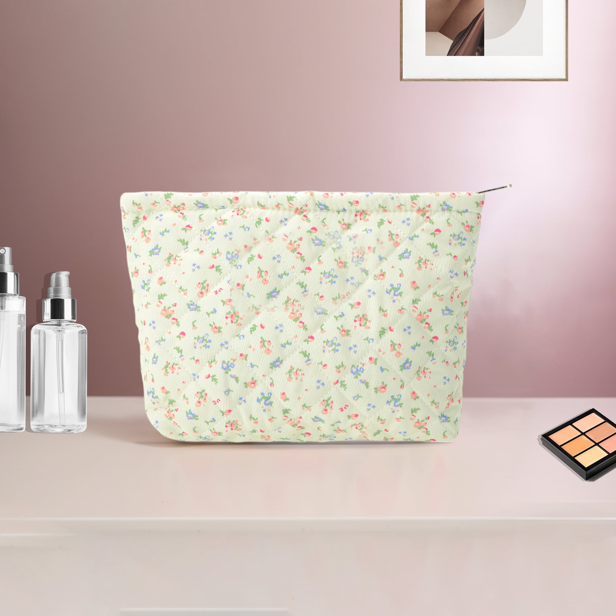 Unique Bargains Quilted Flowers Makeup Bag Red Green 1 Piece for Travel and Storage