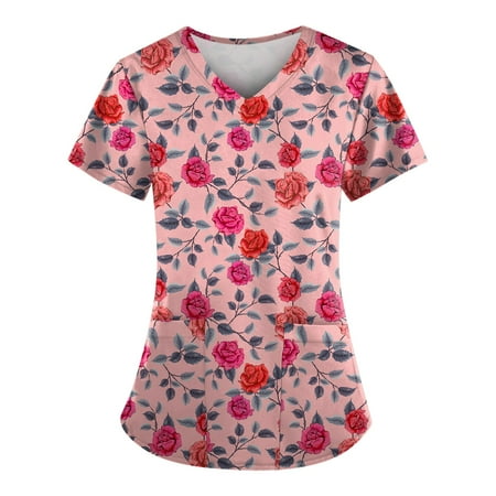

XHJUN Womens Scrub Tops Cute Printed Scrub Tops Women Tie V-Neck Working Uniform T-Shirt with Pockets Pink S