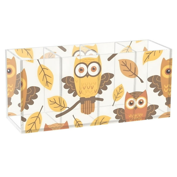 Owls and Fall Leaf Acrylic Pen Holder 4 Compartments Clear Pencil Organizer Cup Makeup Brush Holder for Office Desk Classroom Home