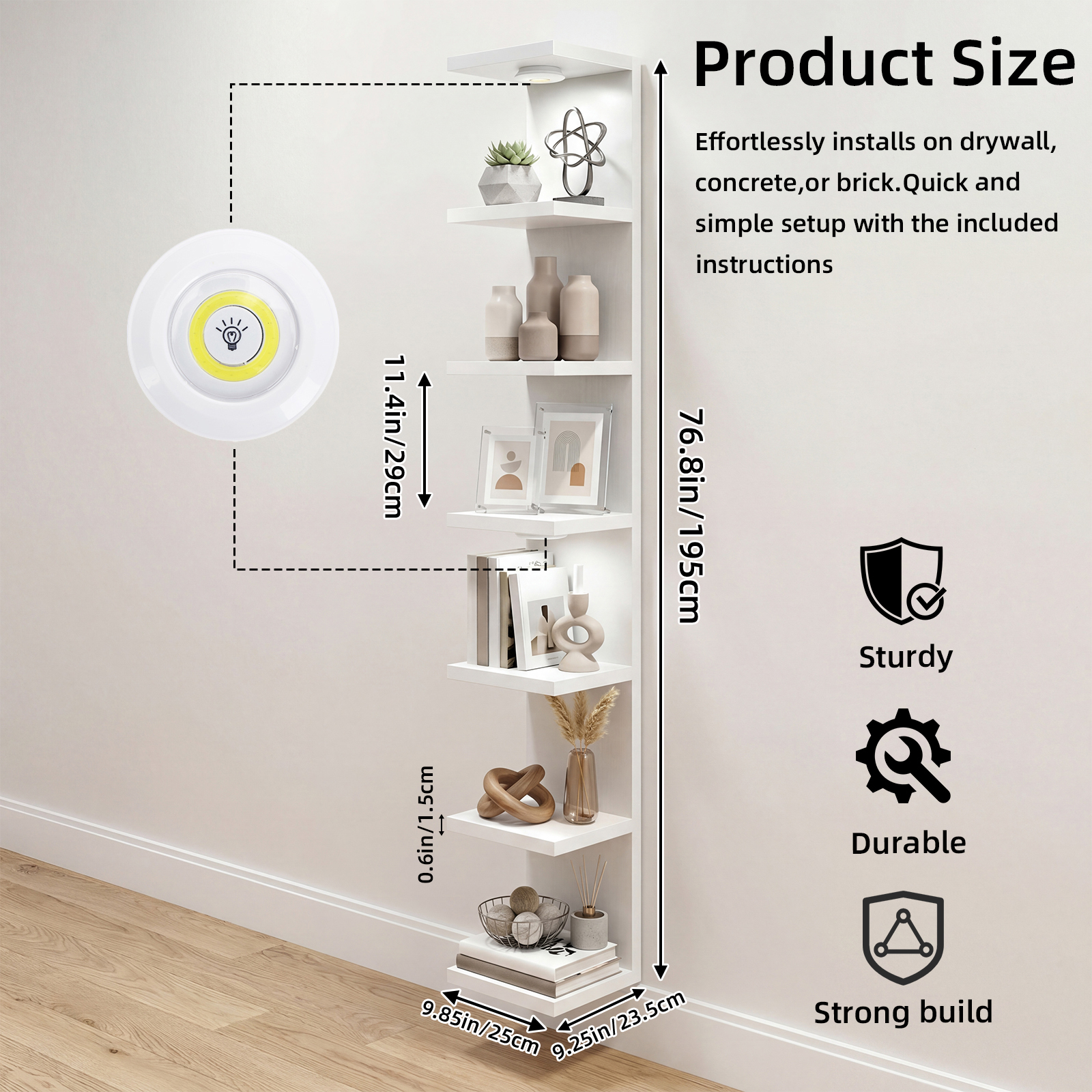 Fairy 7-Tier Wall Mounted Shelf Unit with LED Lights, White photo 6