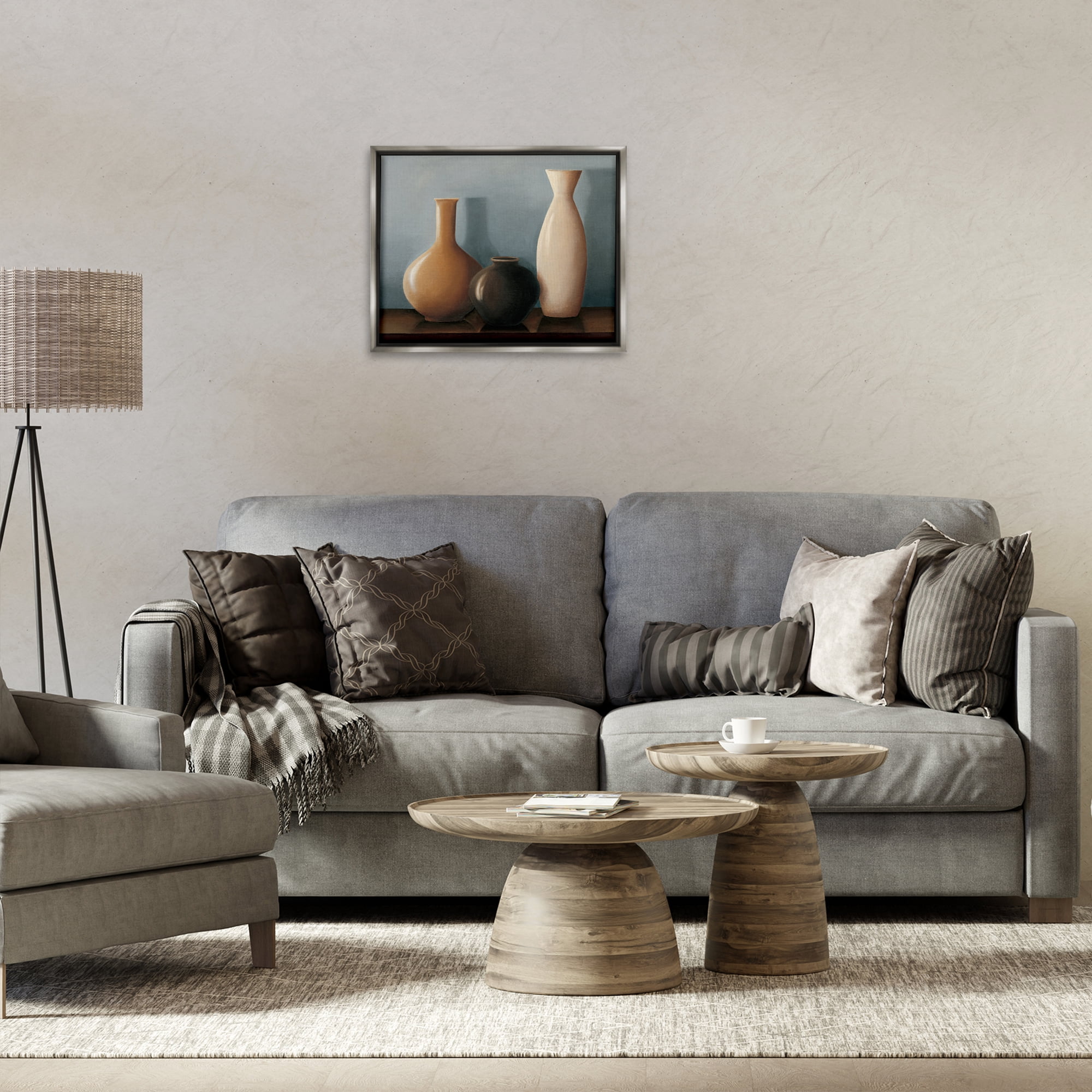 Stupell Industries Rustic Pottery Still Life Furniture Painting Gray Floater Framed Canvas Art Print Wall Art, 21 x 17