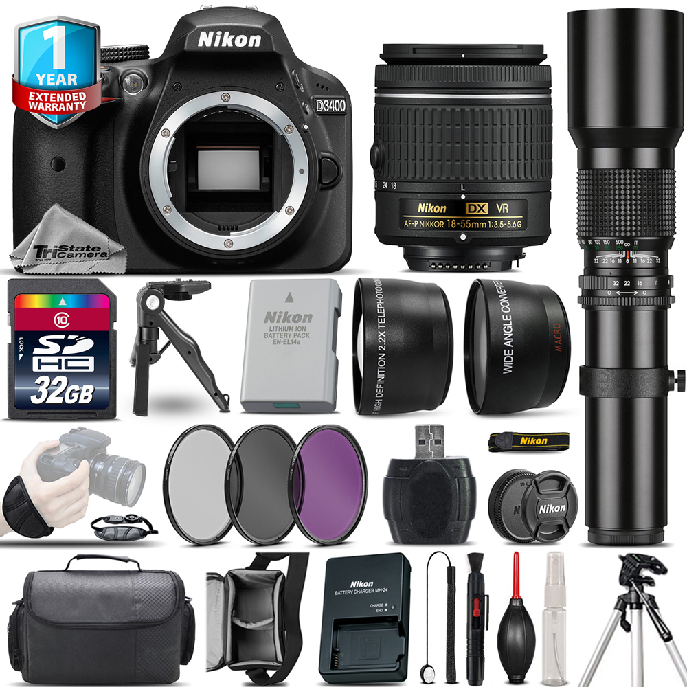 Nikon D3400 DSLR Camera + 1855mm VR + 500mm Lens + Filter Kit + 1yr