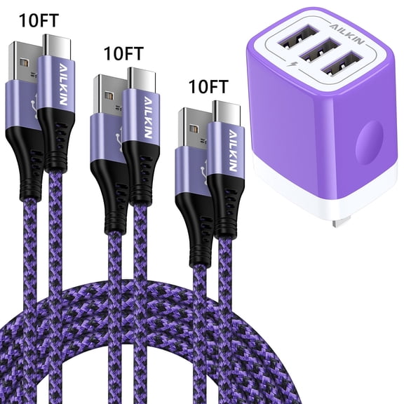 Type C Charger Fast Charging 10 Feet,AILKIN Three Port Usb Charger Block Plug Adapter 3PCS Usb C Charging Cable10ft Usb A to Usb C Cable High Speed Phone Cord Android Fast Charger Block,Purple