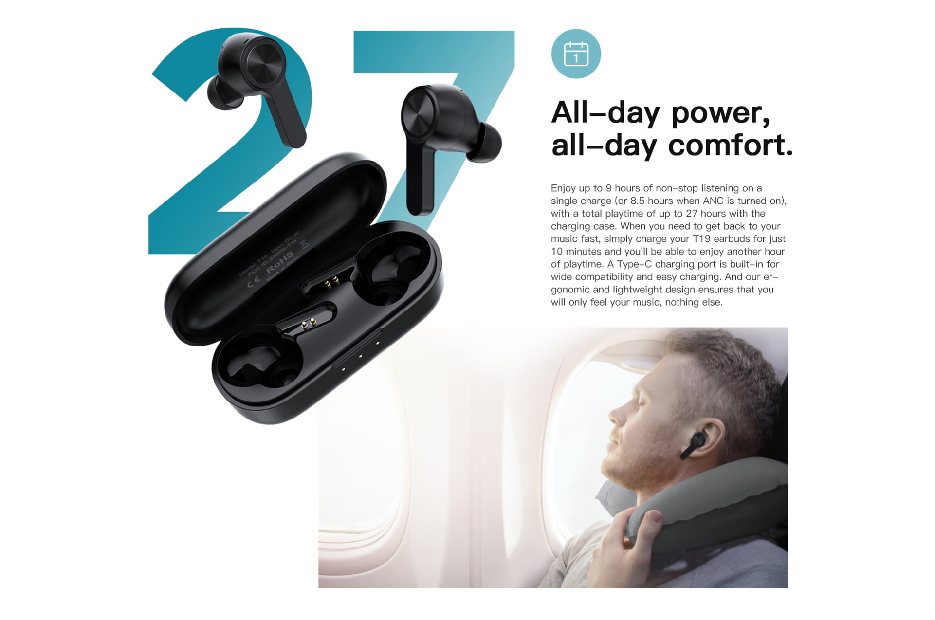 TWS Bluetooth Earphones True Wireless Stereo Earbuds w Mic J5G for ASUS Google Nexus 2 7, ZenFone 6 - Barnes & Noble NOOK HD Plus Color - Blackberry Key2 LE - BLU G9, Vivo XI - CAT S48c