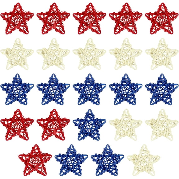 24 Pcs 4th of July Star Rattan Decoration, Red White and Blue Wicker Rattan Stars for Independence Day Home Decor DIY Craft Vase Bowl Filler Table Decoration