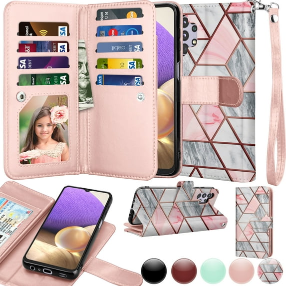 6.5" Galaxy A32 5G Wallet Case, Samsung Galaxy A32 5G 2021 PU Leather Case, Njjex Luxury PU Leather 9 Card Slots Holder Carrying Folio Flip Cover Kickstand & Hand Strap-Marble
