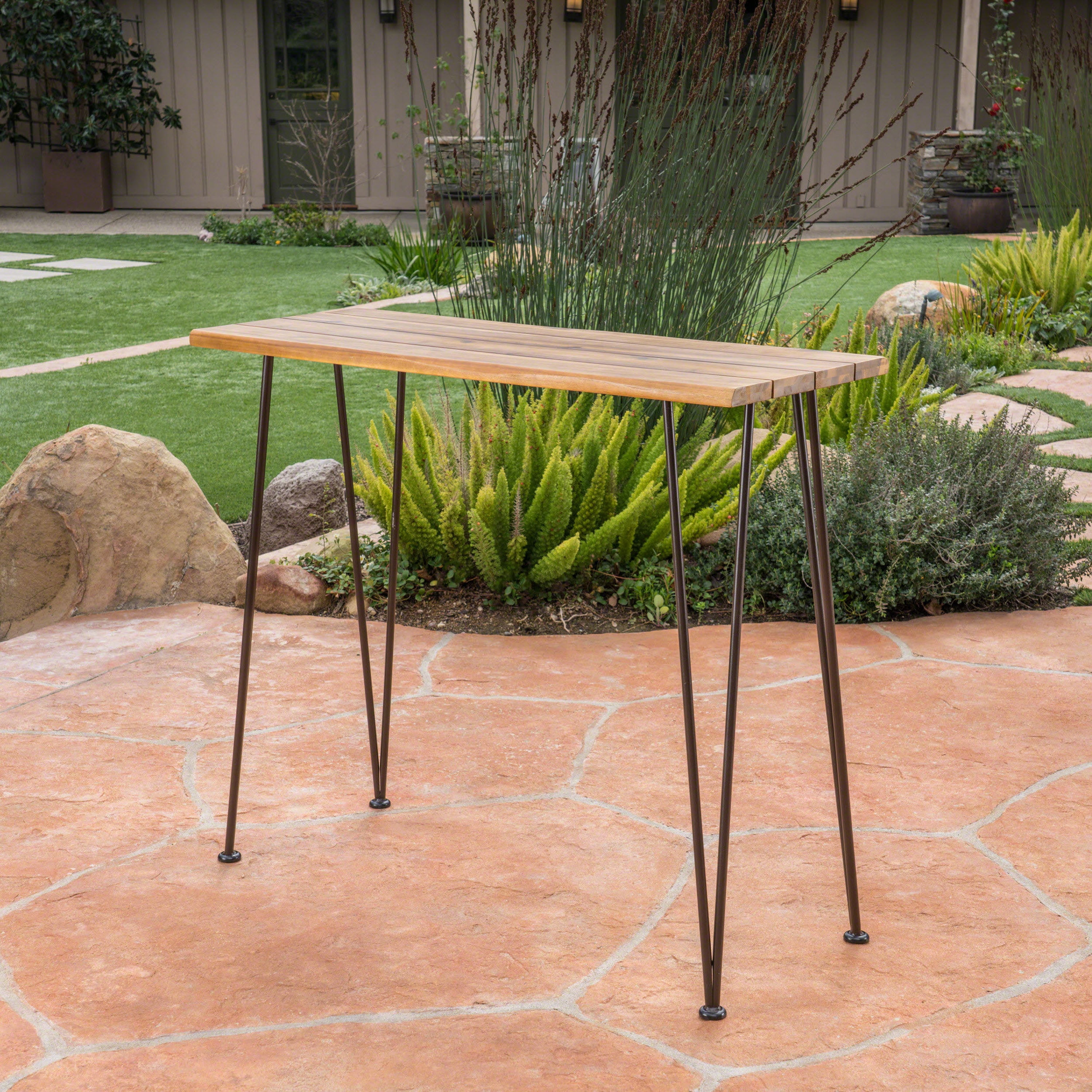Outdoor Industrial Style Bar Height Table, Wood and Metal Combined Desktop for Patio Bar, Teak and Black