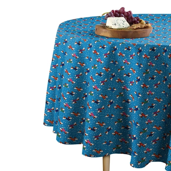 Fabric Textile Products Round Tablecloth, 100% Milliken Polyester, Machine Washable, 70" Round, Dogs in Sweaters