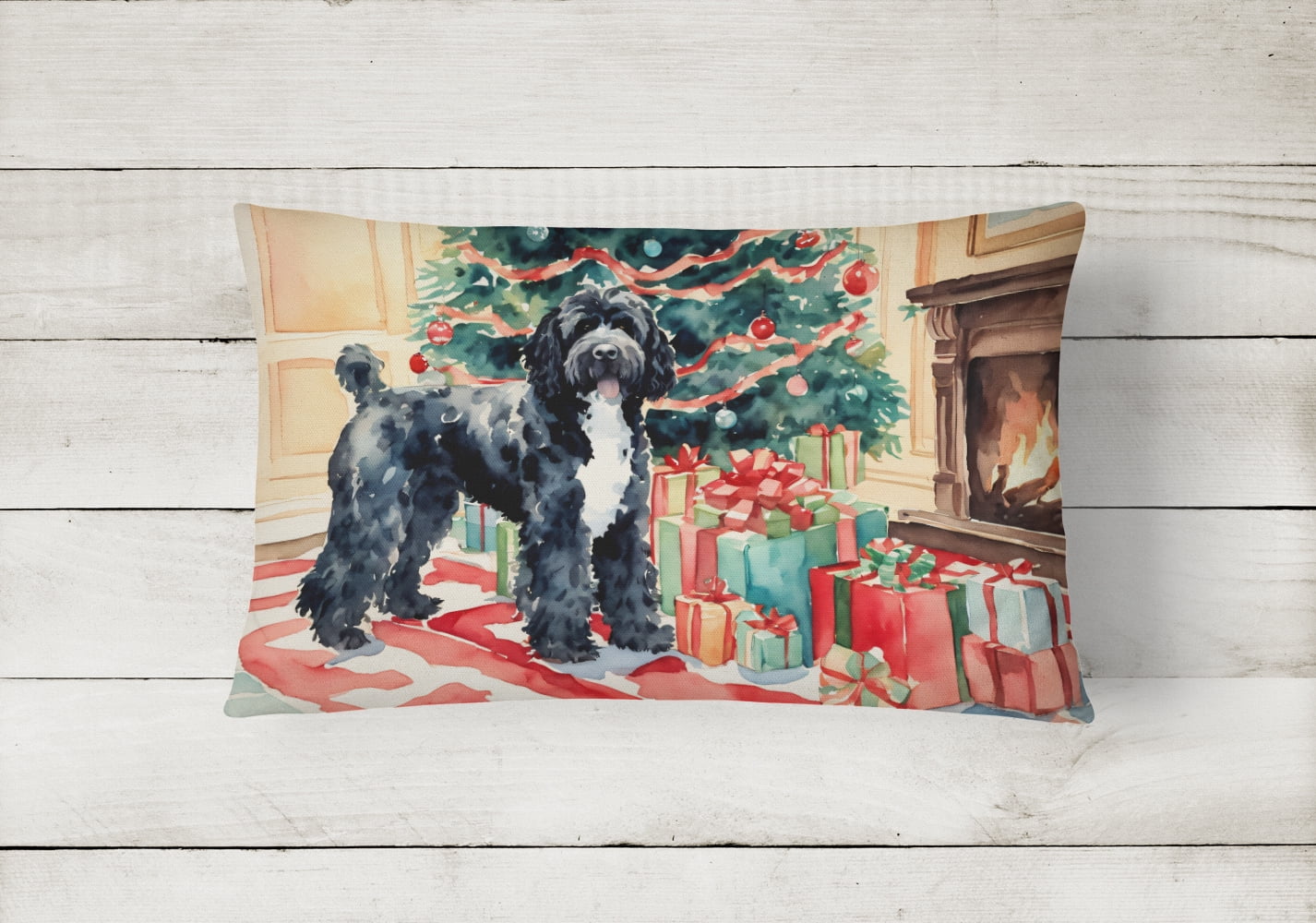 Portuguese Water Dog Cozy Christmas Throw Pillow 12 in x 16 in