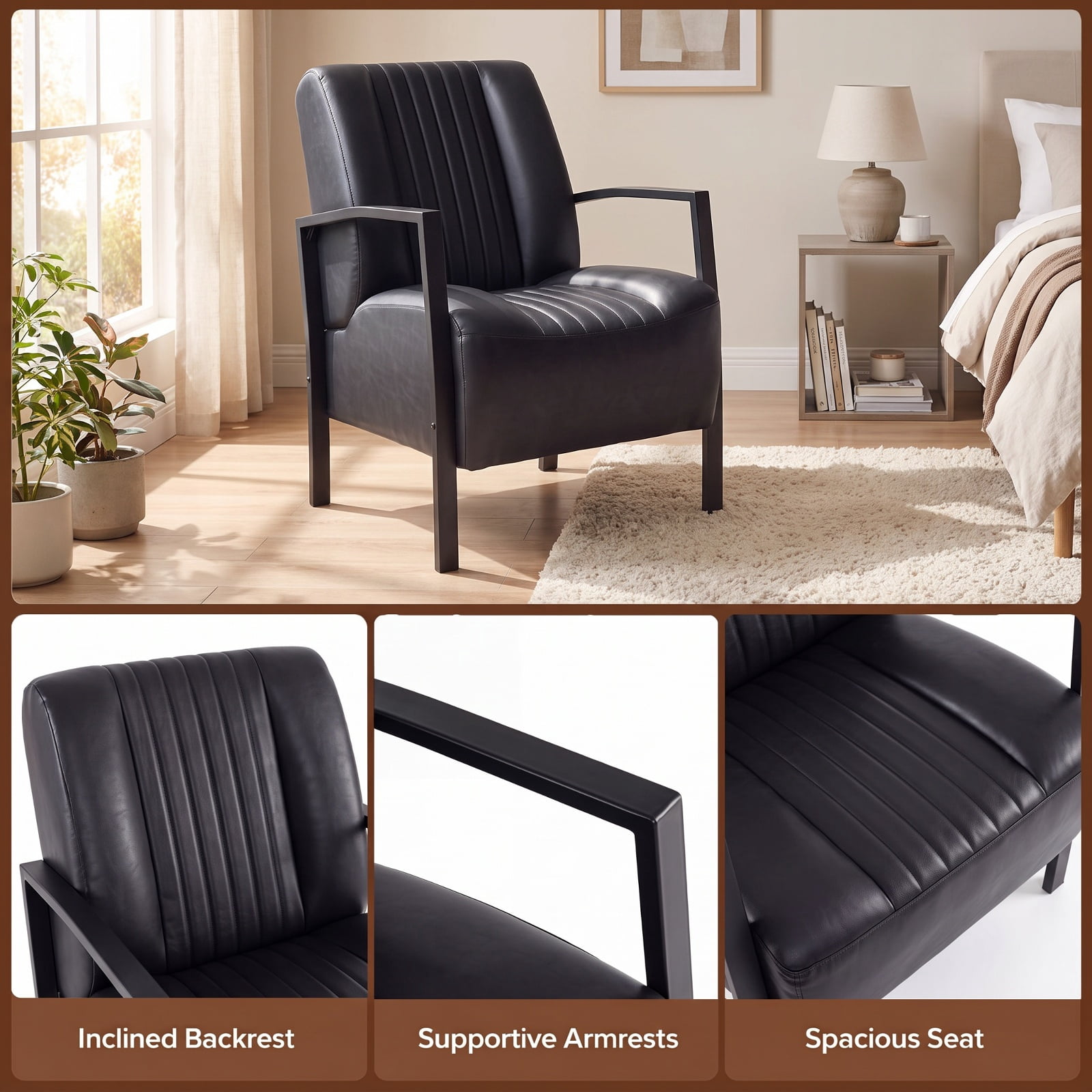 Furnibear PU Leather Upholstered Armchair with Padded Seat Back Ergonomic Support and Metal Legs Comfy Lounge Reading Chair for Living Room, Black