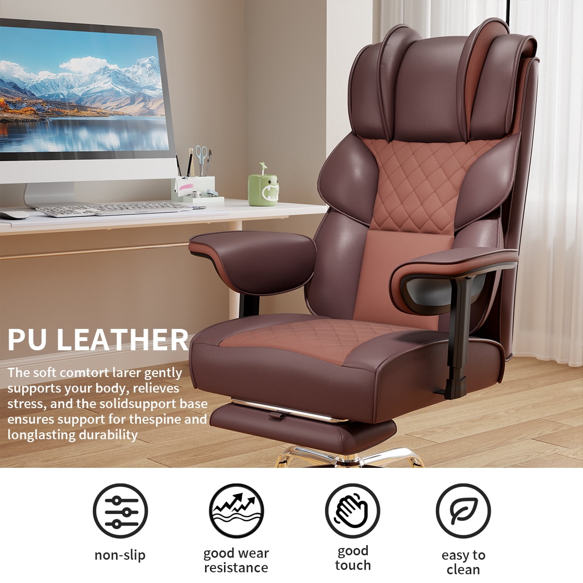KOCEN Big and Tall Office Chair, Desk Chair with Soft Adjustable Armrests, Ergonomic High Back Gaming Chair with Lumbar Support, Executive Computer Chairs with Footrest(PU Leather, Brown)