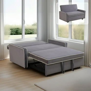3-in-1 Convertible Sofa Bed, Loveseat Sleeper with Pull Out Couch, Flannel Fabric Futon Sofa Bed, Small Sleeper Sofa Cama for Living Room Apartment, Light Grey