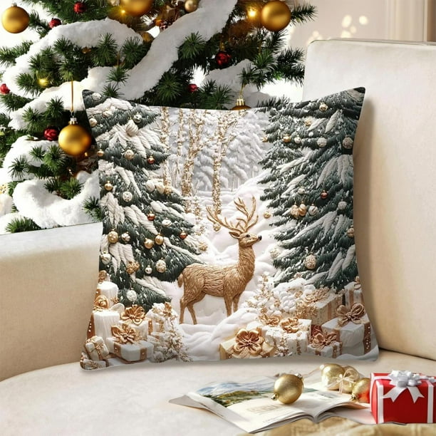 Christmas Pillow Cover Holiday Decoration Polyester Linen Sofa Couch Throw Pillow Case for Living Room Bedroom Seasonal Home Decor Gift