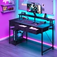 thumbnail image 1 of Greenstell 39" Computer Desk with Built-in Outlets & LED, 3-Drawer Office Desk with Monitor Stand, Black, 1 of 9
