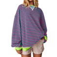 thumbnail image 2 of Camisa deportiva de cuello redondo de manga larga con bloques de color a rayas de gran tamaño para mujer SCZ morado L, 2 of 4