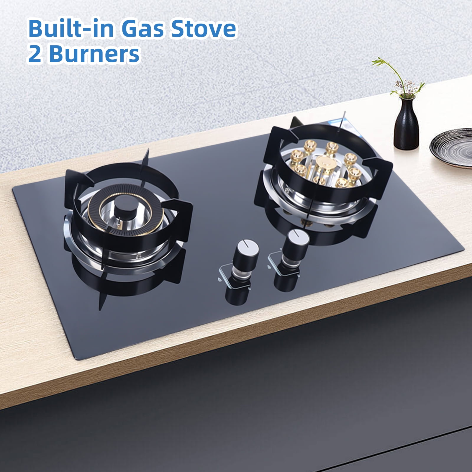 Dual Burner Gas Cooktop, 4.2KW & 5.2KW Power, Flameout and Anti-Backfire Protection, Electronic Pulse Ignition, Black