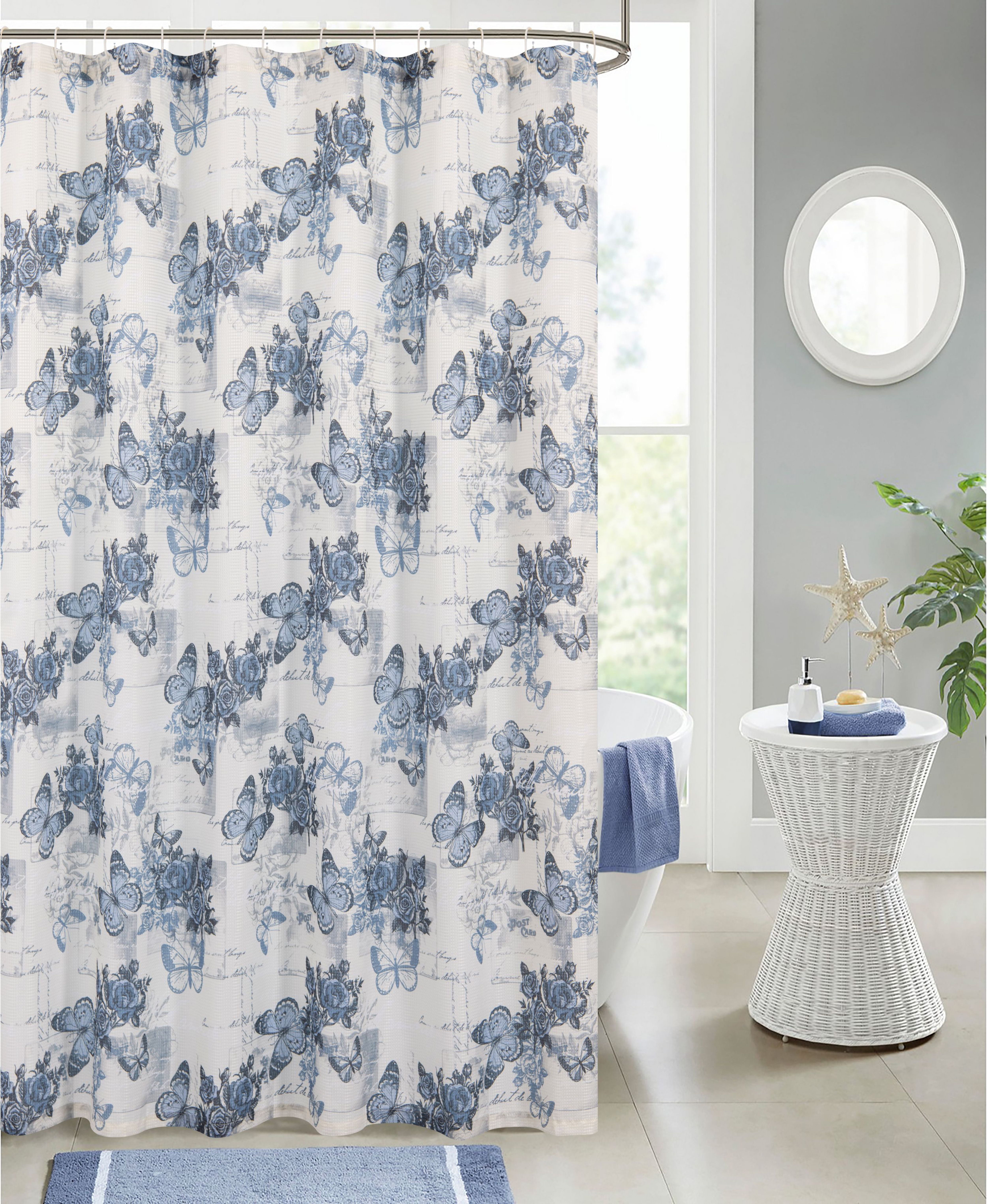 Floral Music Butterfly Girl Shower Curtain Liner Waterproof Fabric Bathroom Mat 