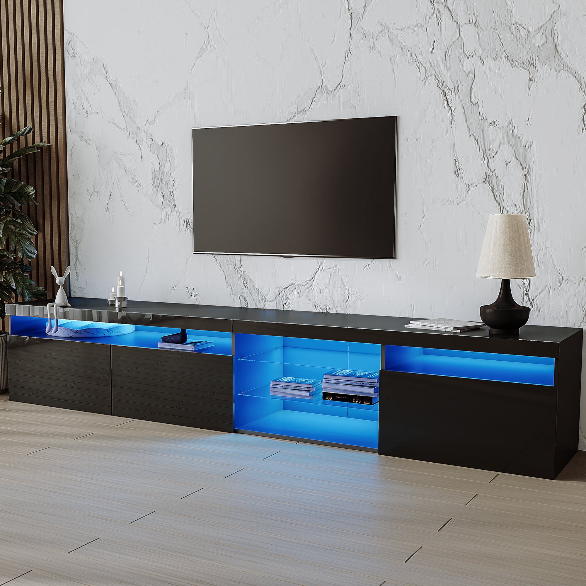 EUROCO 94.5" Longer TV Stand for TVs Up to 100", Versatile Entertainment Center Media Console Table with LED Color Changing Lights 2 Glass Shelves,with Ample Storage Space, Black