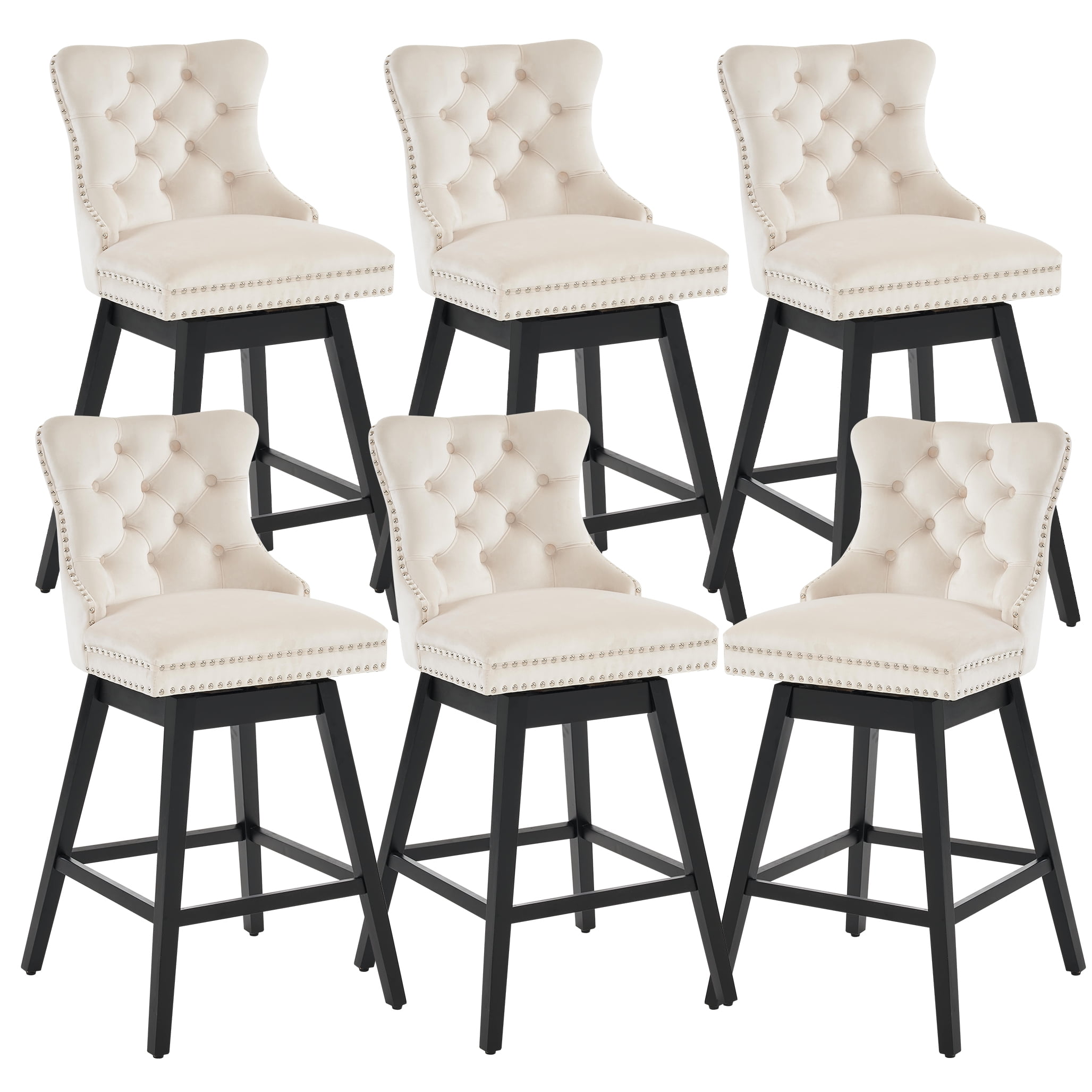 Tewloss 30" Swivel Bar Stools Set of 6 With Back Velvet Bar Height Chairs for Home Kitchen, Beige