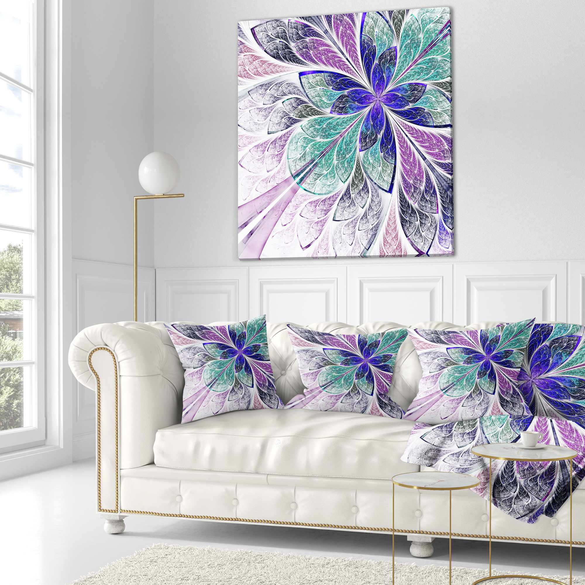 Designart 18" x 18" Contemporary and Modern Blue Fractal and Flower Polyester Throw Pillow