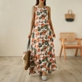 thumbnail image 5 of Sakmal Orange Casual Summer Dresses for Women V-Neck Maxi Elbow-Length Cotton and Linen Graphic Vintage Loose Fit Shift Dress, 5 of 6