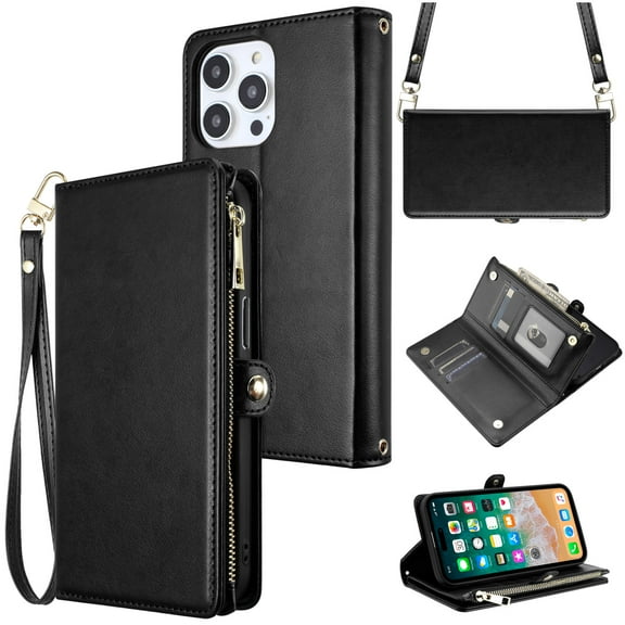 For Apple iPhone 11 /6.1" Purse Style Wallet Credit Card ID Money Holder Slots with Zipper Storage & Adjustable Lanyard Cover ,Xpm Phone Case [ Black ]
