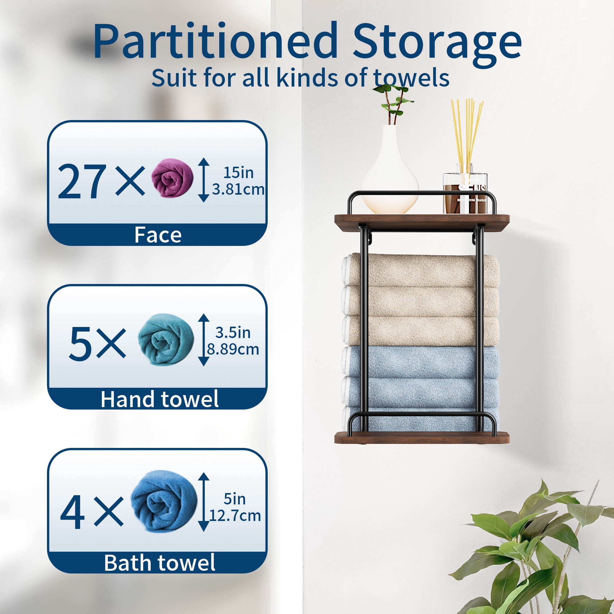 Bath Towel Storage for Small Bathroom Wall Mounted, 2 Tier Towel Shelf, Wall Towel Rack for Rolled Towels, Towel Holder with Metal Shelf, Towel Organizer with Hang Rod