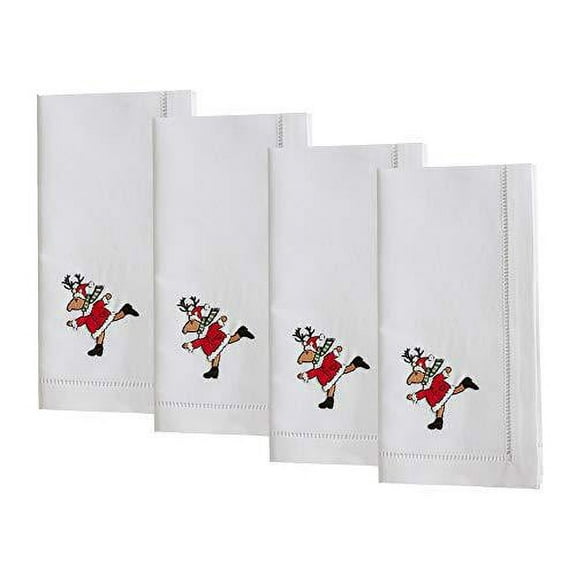 Fennco Styles Holiday Cotton Embroidered Reindeer 20 Inch Square Dinner Napkins, Set of 4
