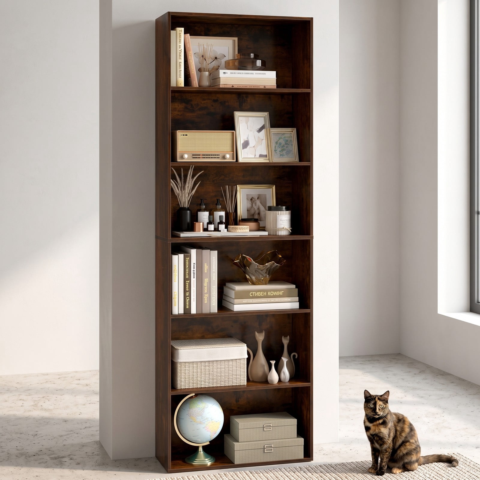 Furnibear 6-Tier Tall Bookcase with 6 Open Shelves, Freestanding Wood Bookshelf Storage Organizer with Anti-Toppling Kits for Living Room Study Home, Rustic Brown