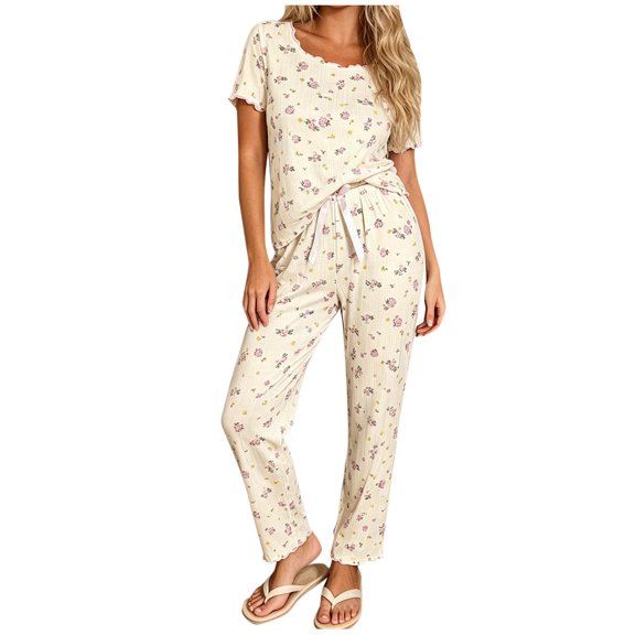 Enjoytime Pajamas for Women Floral Print Round Neck Short Sleeve Ruffle 2 Piece Lounge Set Cute Soft Casual Sleepwear