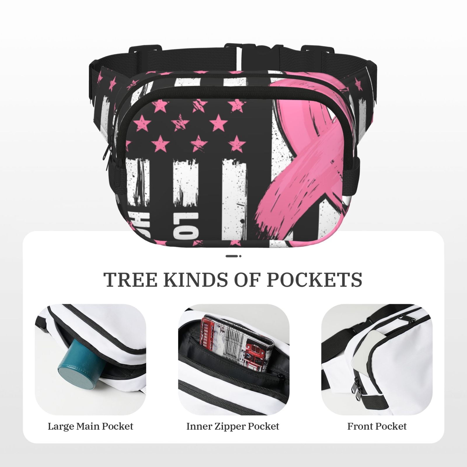 Kuqiui Ribbon Breast Cancer Awareness Print Fanny Packs for Women Cross Body Waist Bag Fashionable Fanny Pack Designer Workout Hiking Waist Pack Running Travel Gym